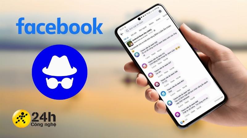 Minh họa các bước tạo bài viết ẩn danh trên nhóm Facebook, nhấn chọn tính năng ẩn danh